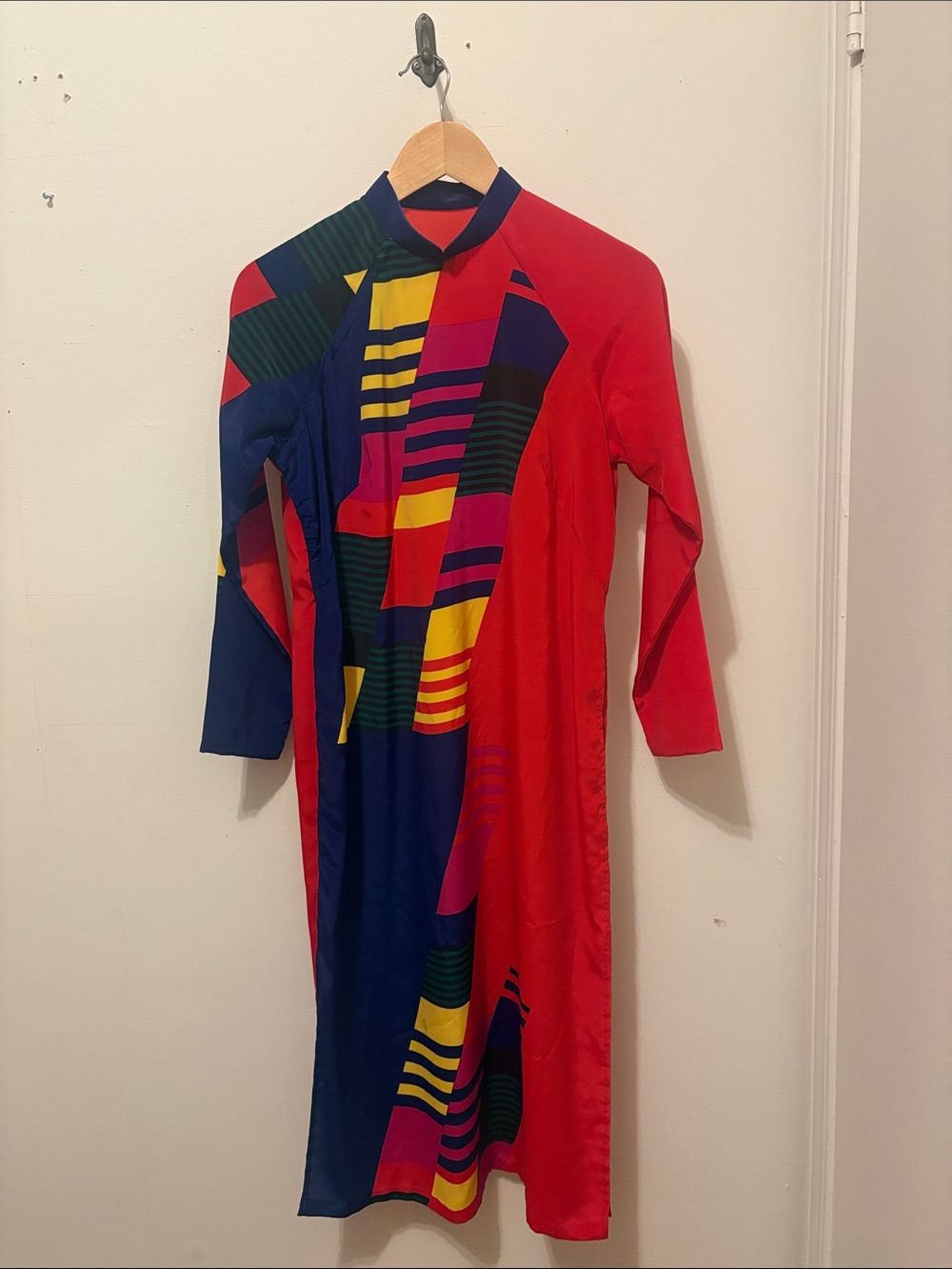 Vintage Vietnamese Ao Dai Asian Colorblock Midi Dress